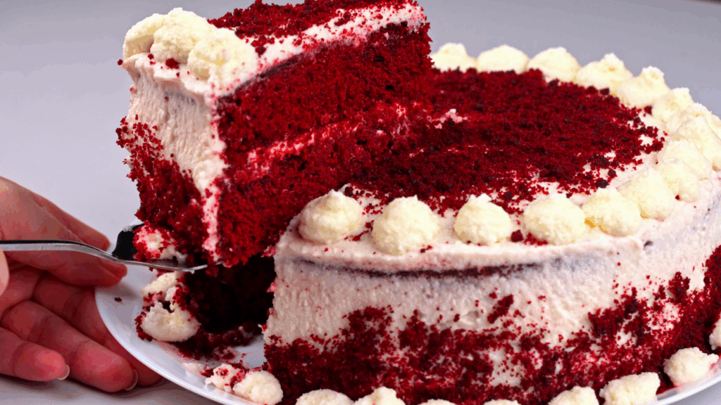 classic red velvet cake recipe sliced on plate