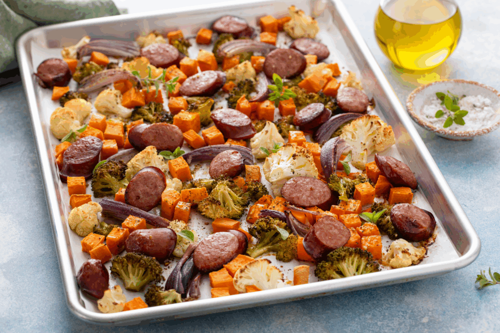 family meal planning to save money with budget friendly sheet pan sausage and veggies